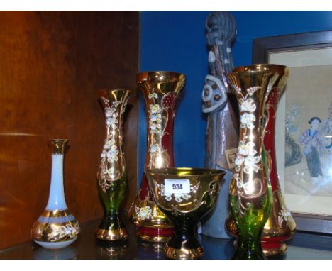 Six Pieces of Venetian Coloured Glass with applied floral decoration, together with a 'Rachel Quinn' ceramic figure 46cm high