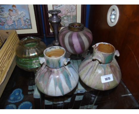 An Unusual Art Nouveau Liberty Style Lamp Base, together with an Oil Lamp Base, an Art Nouveau Lustre Pot & A Pair of Pottery
