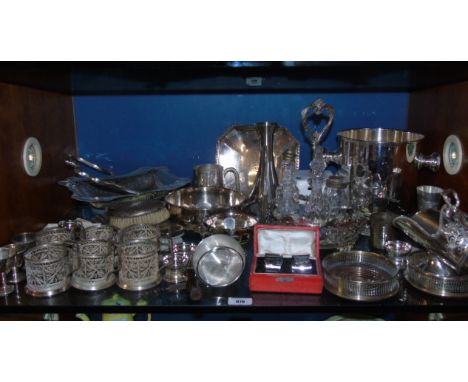 A Large Quantity of Silver Plate Item to include a pair of wine coasters, napkin rings, a set of six  pierced toddy holders, 