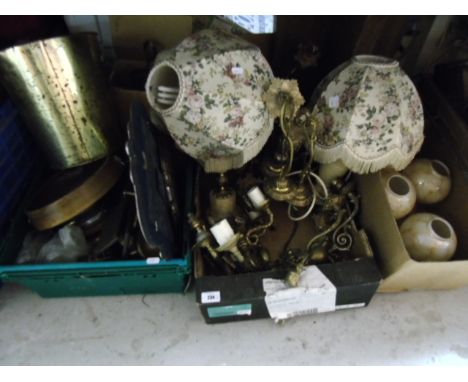 Two Alabaster Table Lamps, Two Pairs of Gilt Metal Wall Sconces, Four Glass Lamp Shades and A Box of Metalwares to include nu