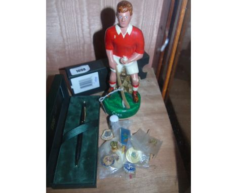 A Vintage Ceramic & Hand-Painted Figure of a Cork Hurler, 8ins high, together with a Cross ballpoint pen in presentation case