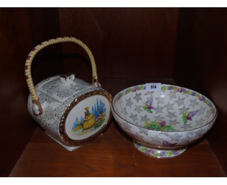 A Vintage 1950's Lace Gilded Biscuit Barrel With a Crinoline Lady & a Similar Lace Gilded Pedestal Bowl (2). €30-40