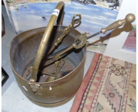 A Brass Coal Bucket & Various Fire Tools. €30-40
