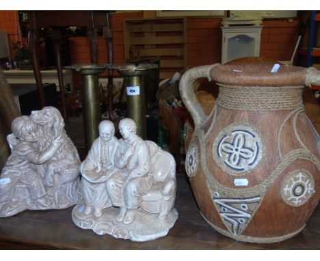 A Pair of Brass Shells Converted To Ashtrays stamped underneath 1940 CF, along with Two Continental Figures (one of a couple 