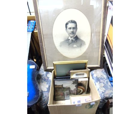 A Box of Prints to include a framed portrait of a gentleman with a moustache.  €20-40
