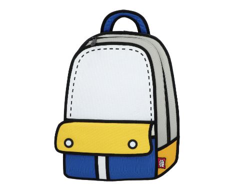 JUMP FROM PAPER Rucksack "ADVENTURE BACKPACK". Pop Art 2D Design Modell aus Textil in Weiß, Grau, Blau und Gelb, Außenfach au