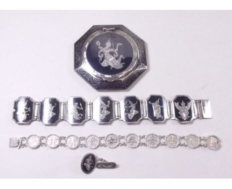 A Siam white metal compact, bracelet and cufflink and a Chinese silver bracelet 