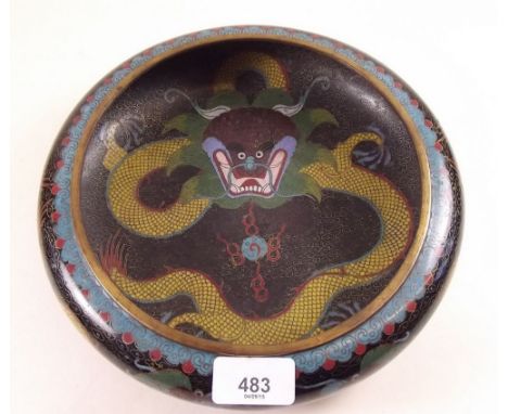 A cloisonne enamel bowl depicting dragon and sacred pearl, character mark to base, 25cm diameter