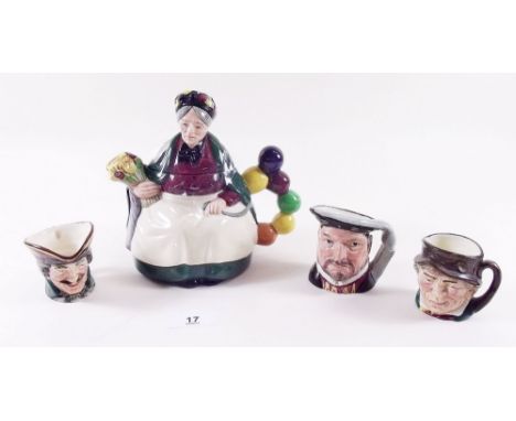 Three Royal Doulton small character jugs and a Royal Doulton Old Balloon Seller teapot