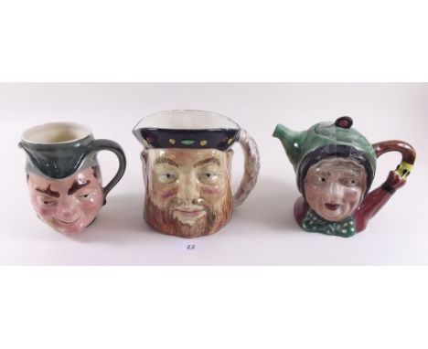 A Beswick Sairey Gamp teapot and a Lancaster character jug Bluff King Hal and another character jug 