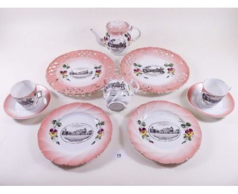 An Edwardian teaset printed scenes of Badminton village and house comprising:- five tea cups and four saucers, six tea plates