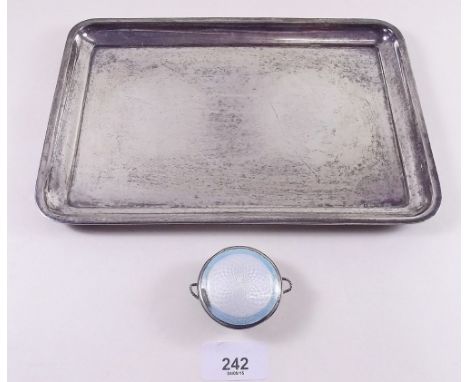 A silver rectangular dressing table tray, 13ozs - Birmingham 1925 and a silver and enamel box