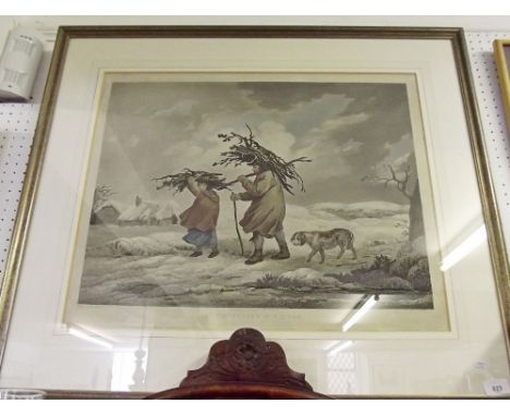 A mounted and framed print entitled "Cottages in Winter" after Geo. Morland and published 1812 by R Lambe, Fleet Street - 33"