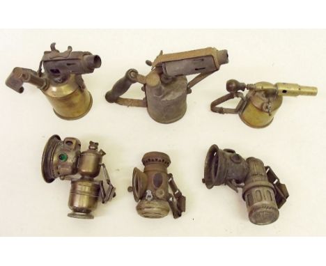 Two  antique acetylene bicycle headlamps, one Panther,   one oil rear lamp and three brass blow lamps
