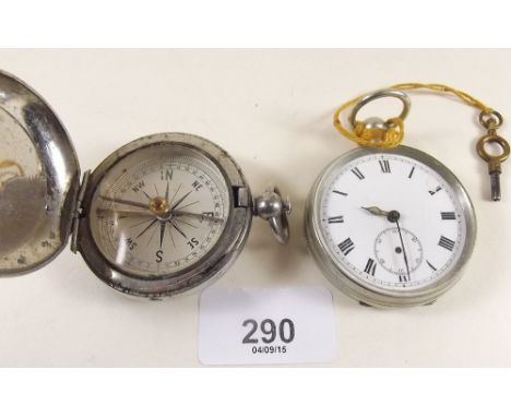 A silver plated pocket compass and a silver plated pocket watch 