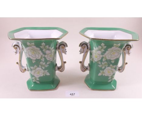 A Noritake pair of green floral vases with scrollwork handles - 16cm