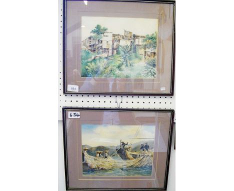 H K Chan - pair of Thai watercolours fishing and village scenes - 19.5 x 24.5cm