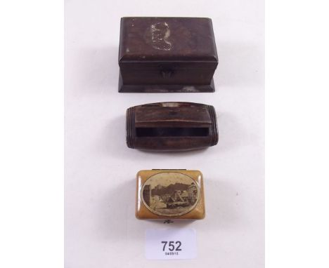 A treen snuff box, mauchline ware box and another box