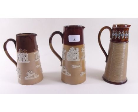A Doulton Lambeth ribbed stoneware jug - 20cm and two other Doulton jugs decorated hunting motifs
