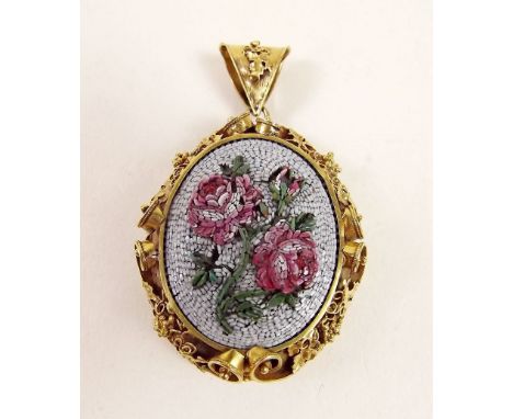 A 19th century floral micro mosaic pendant locket in fancy gold surround decorated vines and foliage, 4cm (not including link