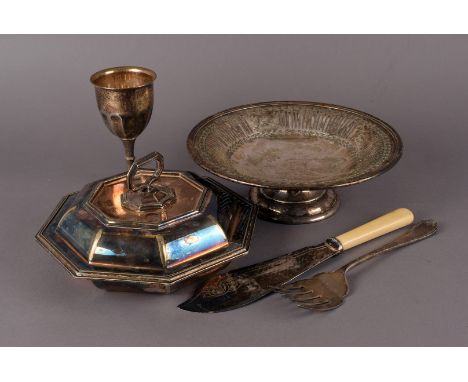 A group of silver plated items, to include a pierced dish, goblets, a dish and cover, a fish knife, assorted flatware and mor