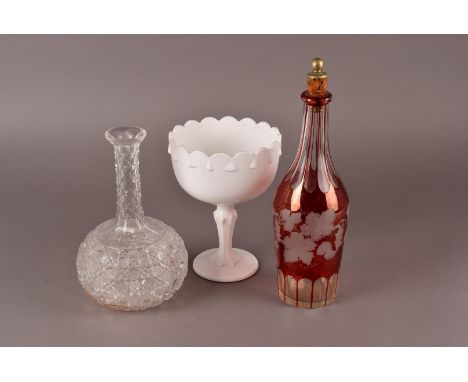 A Cranberry Flash Decanter, with vine etched decoration together with Hobnail Decanter, Ruby Lustre, mixed etched glass and m