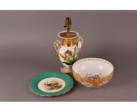 A group of Regency period and later British porcelain items, including a campaign vase with painted tulips and converted to a