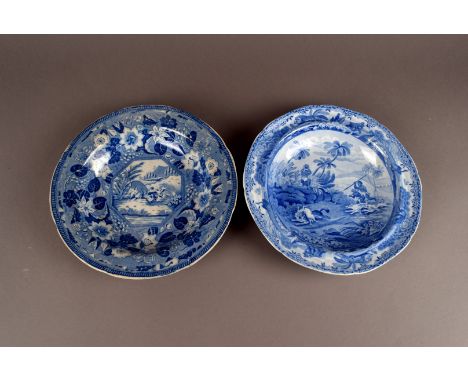 A collection of rare Spode blue and white plates, including 'Common Wolf Trap', 'Stag hunt', 'Bear Hunt', and more (7) 