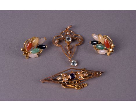 A 9ct gold Art Nouveau aquamarine and seed pearl pendant, together with a 9ct gold amethyst and seed pearl brooch, and a pair