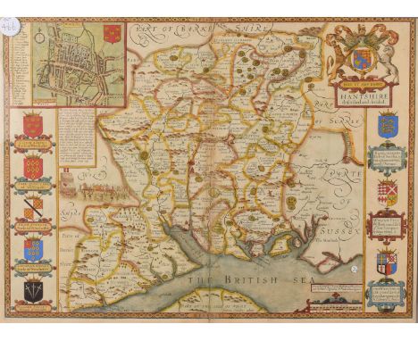 An 17th or 18th century hand coloured book print map of Hampshire, marked Hantshire defcribed and devided, having detail of W