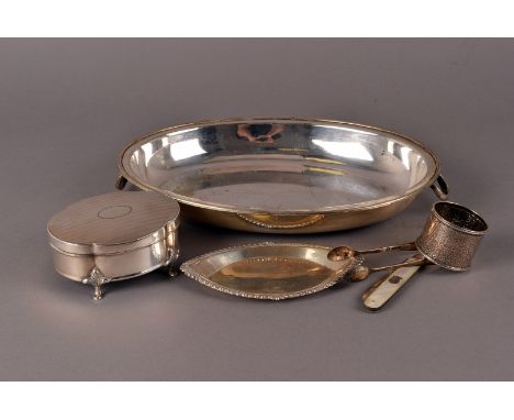 A quantity of silver and silver plated items, including a silver lidded container, grape snips, flatware, dishes, napkin ring