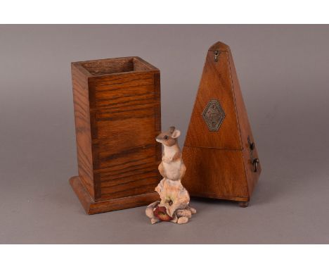 A vintage hardwood cased metronome by Maezel, together with a part silver handled manicure set in case, plated cake forks in 