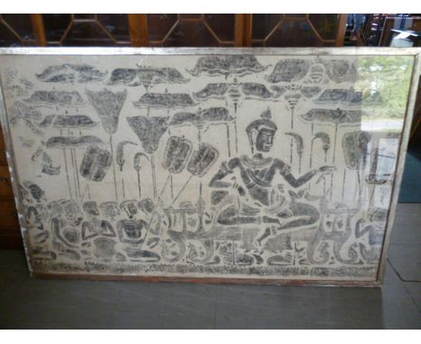 A south east Asian block print, of a bodhisattva being attended by the masses 109 cm x 173 cm 