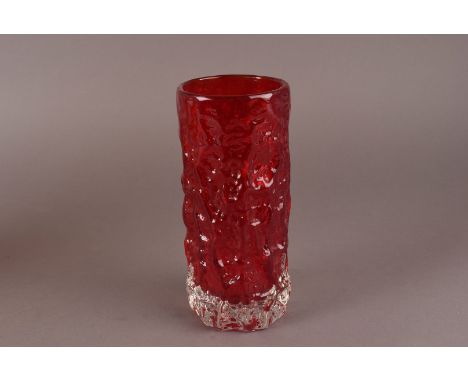 A Whitefriars glass bark vase by Geoffrey Baxter, in ruby red, pattern no. 9690, 19cm 