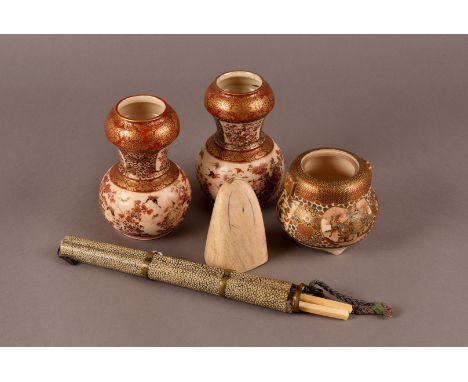 A pair of Satsuma vases, together with a Satsuma  bowl, Shagreen chopstick case and part scrimshaw AF. 