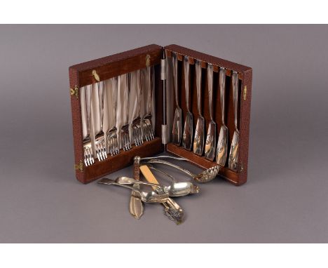 An assortment of silver and silver plated flatware, including a silver and antler handled fish knife, a set of silver plated 