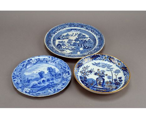 A collection of ten 18th century and later blue and white plates, mainly by Spode though others in the Caughley style, with t