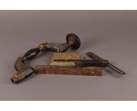 Vintage Tools, including, Marples Brass and Ebony brace, spirit levels, square and Brass stamp box. 