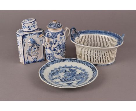 A group of four 19th century and later blue and white porcelain and pottery items, including a Chinese basket with pierced si