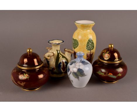 A pair of Carltonware rogue Royale jars and covers, together with a Royal Copenhagen ovoid bud vase, plus two other items (pa