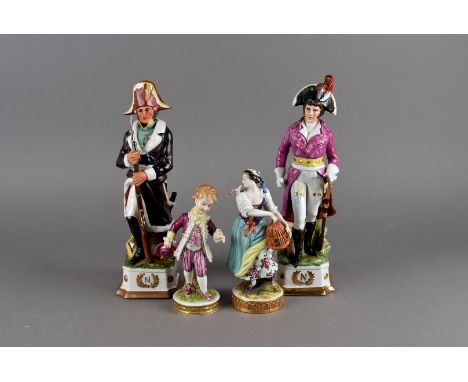 A group of six German and Continental porcelain figures, including a pair of Capo Di Monte military figuresm and four classic