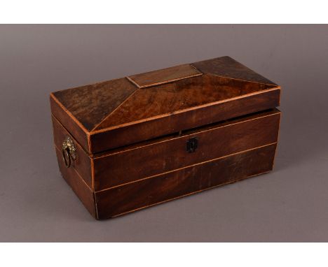 Georgian Mahogany Cutlery box, with dove tailed joints and brass carry handle together with a Mahogany Tea caddy with lion ma
