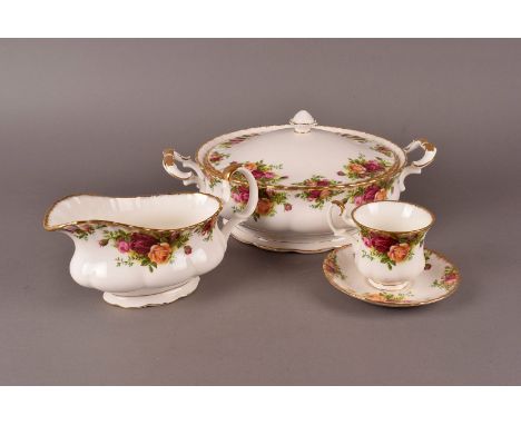 A large Royal Albert Old Country Rose pattern dinner service, including vegetable tureens, soup bowls, dinner plates, side pl