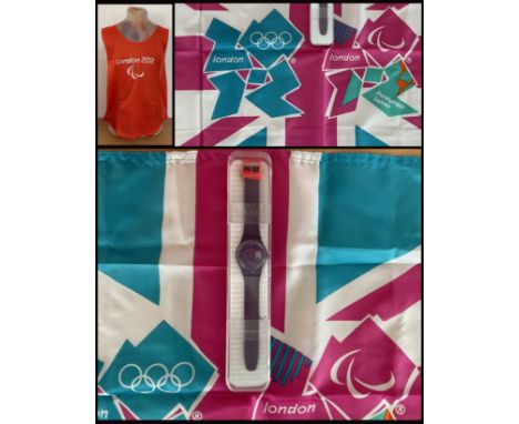 Olympics London 2012 Collection of 1 Swatch Watch, Union Jack Flag and a Paralympics Cotton Bib. Superb Piece of Memorabilia.