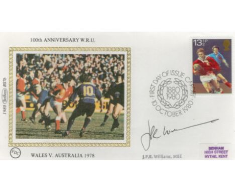J. P. R. Williams, MBE signed FDC. 100th Anniversary W. R. U. Wales V. Australia 1978. Single postmarked 10th October 1980 Be