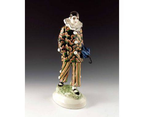 B Haniroff for Goldscheider, Striding Harlequin with umbrella (Pierrot),  model 3133, designed circa 1905, modelled walking, 