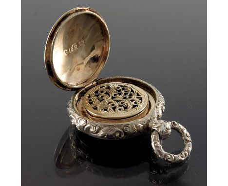 An early Victorian silver vinaigrette, Francis Clark, Birmingham 1841, in the form of a fob watch, engine turned, the edges w