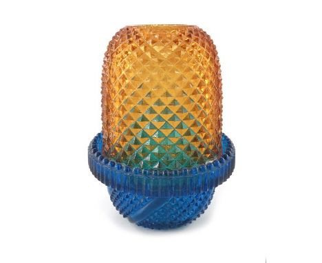 A Clarke fairy Pyramid lamp and base, amber hobnail domed shade on blue glass base, 10cm high