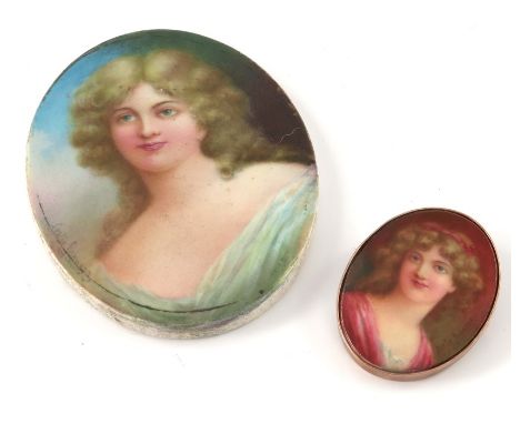 Leslie Johnson for Royal Doulton, a portrait plaque and brooch, each painted with a woman, the brooch in yellow metal mount, 