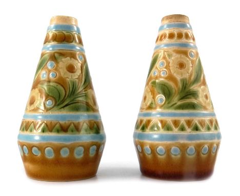 Christopher Dresser for Linthorpe, a pair of Art Pottery Aesthetic Movement salt and pepper pots, conical baluster form, inci